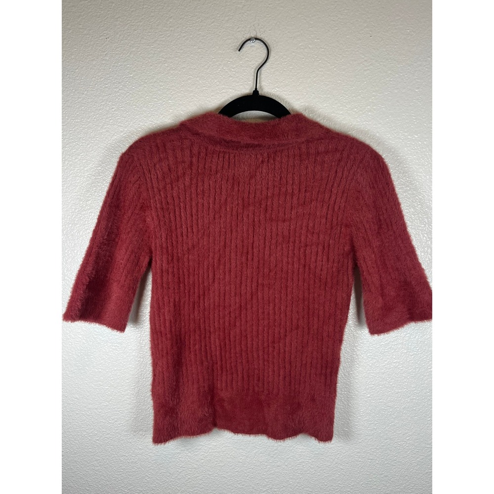 Anthropologie Bailey 44 Fuzzy Knit Short Sleeve Polo Sweater Ribbed Rust Medium - Picture 7 of 7